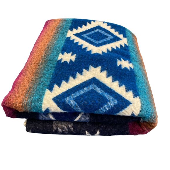 Twin Alpaca Blend Blanket Handcrafted Blue & Cream Tribal Ecuador Double Sided - Picture 4 of 6